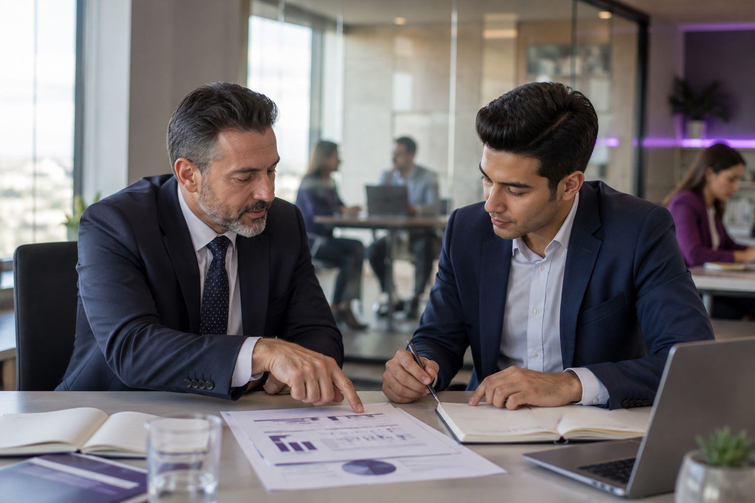 Senior advisor and analyst reviewing a financial report